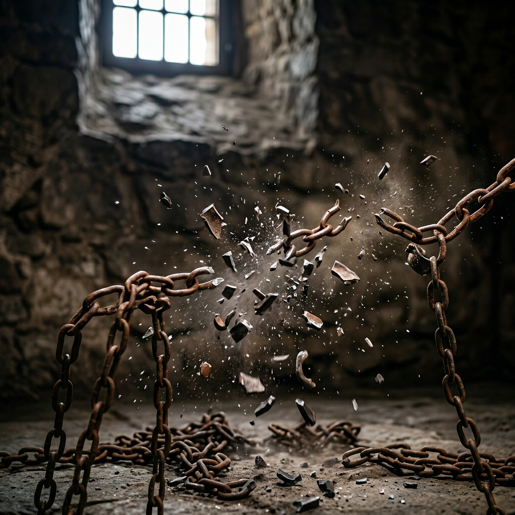 Man breaking rusty chains with intense anger in a stone-walled room