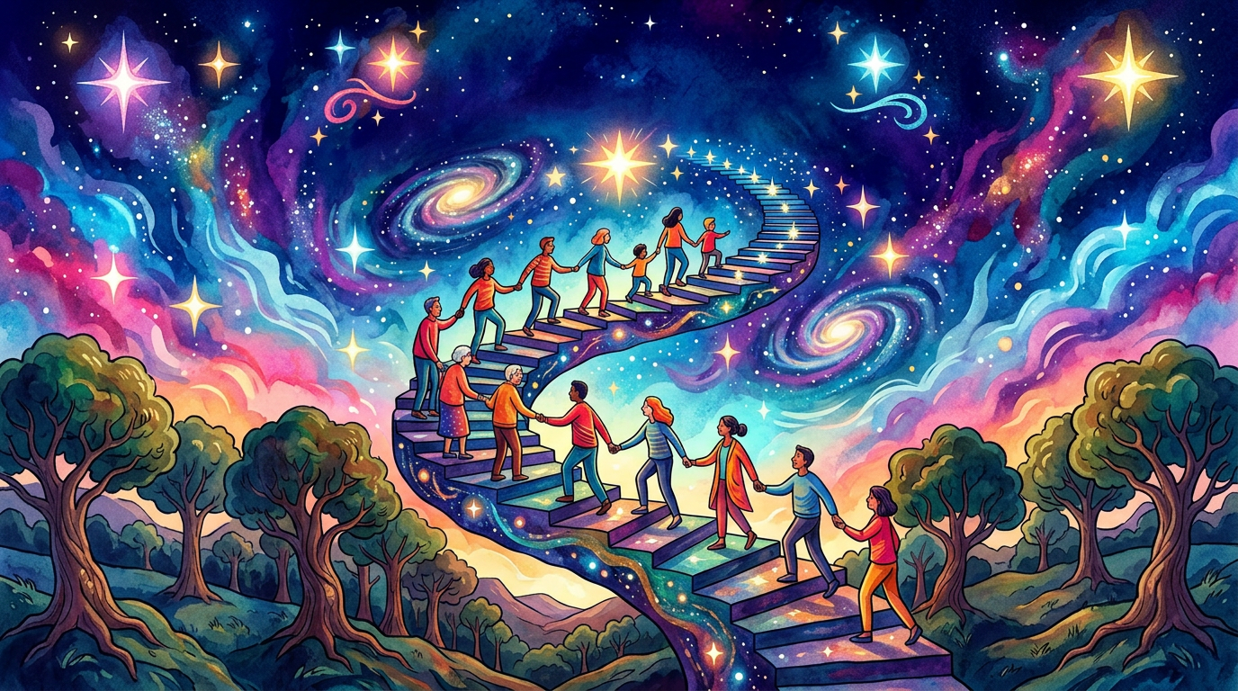 Diverse people holding hands walking up a spiral staircase into space with stars and galaxies
