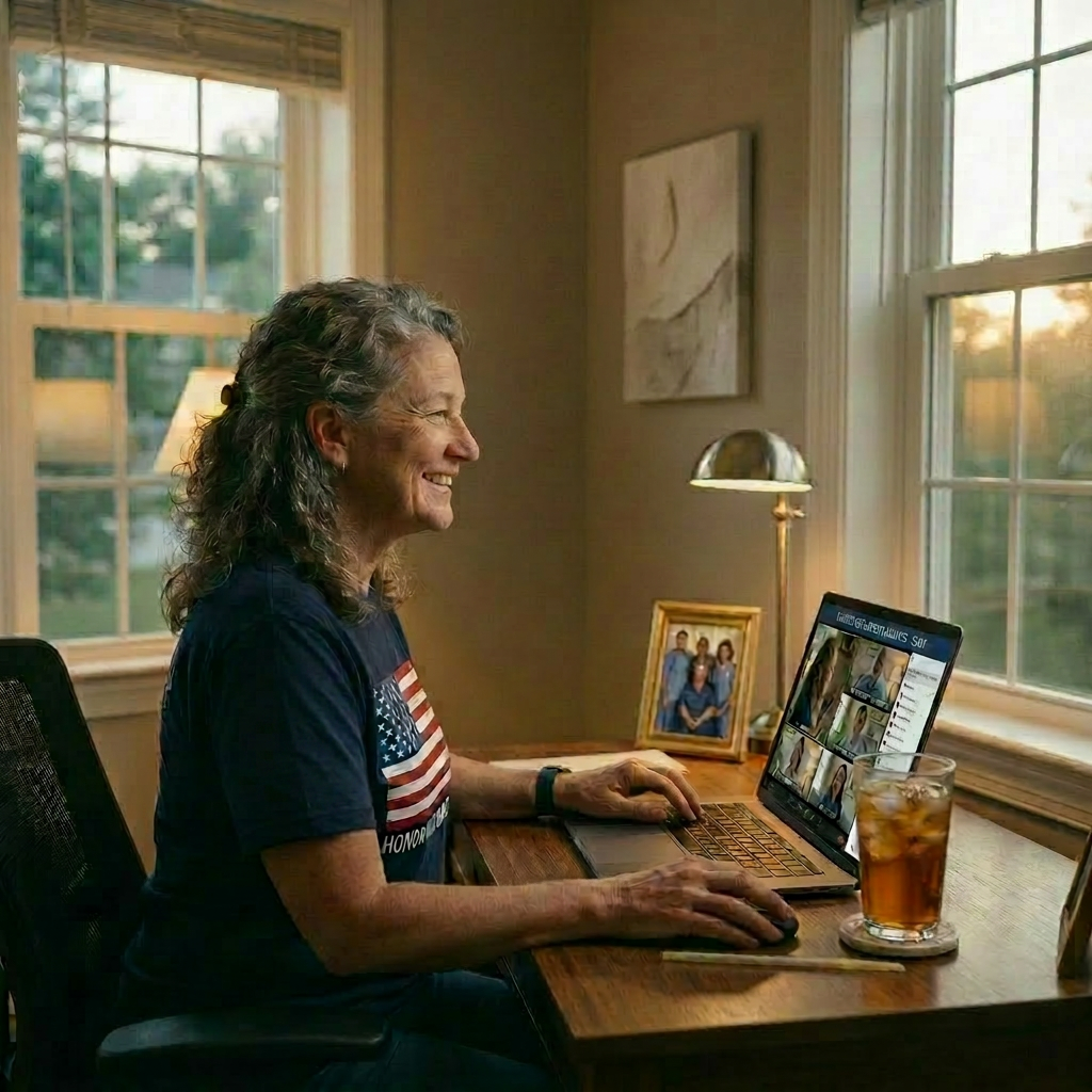 Woman wearing a long-sleeve shirt with an American flag patch sitting at a desk using a computer displaying '250 Years of Freedom' webpage.