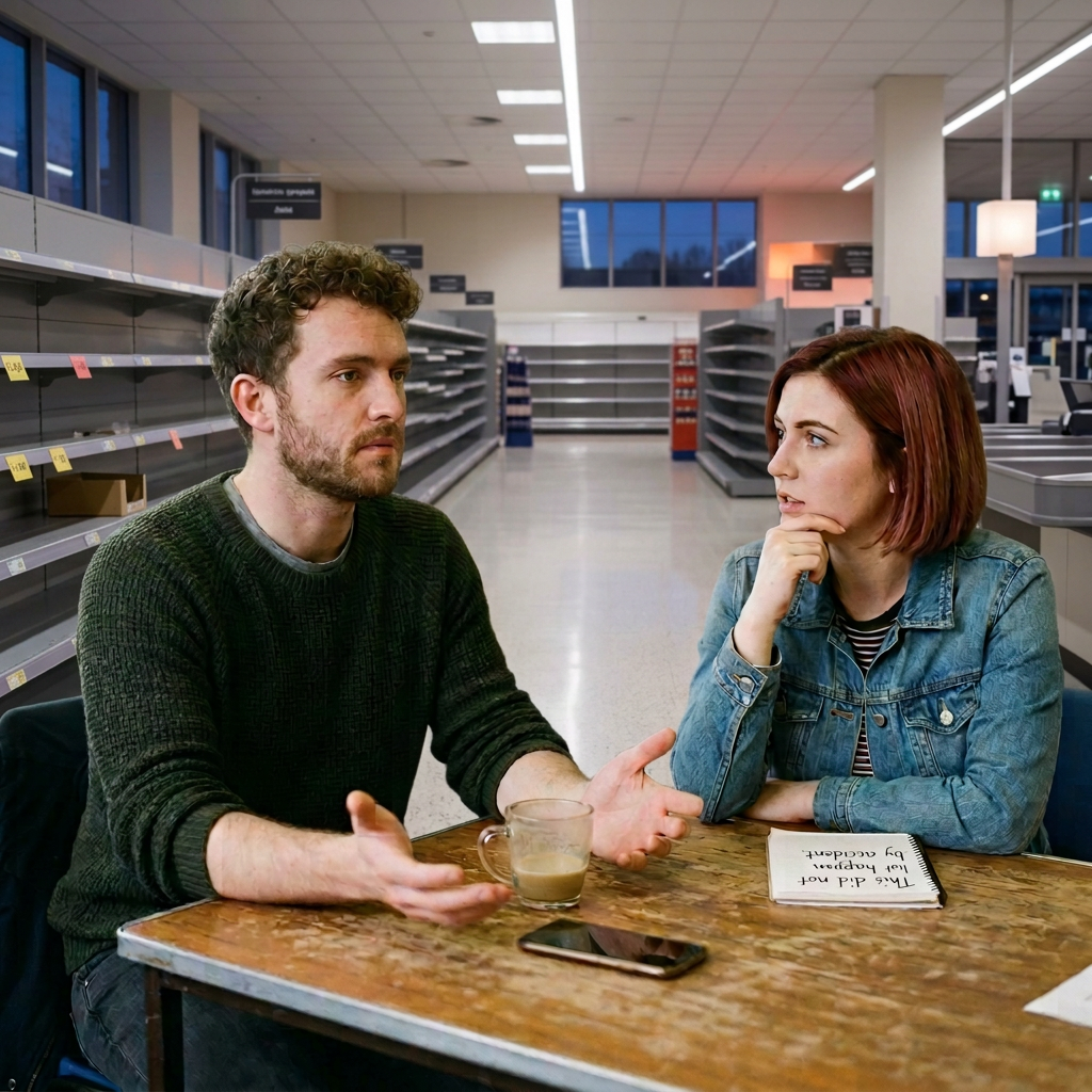 Two students talking at a café table with coffee and notebooks